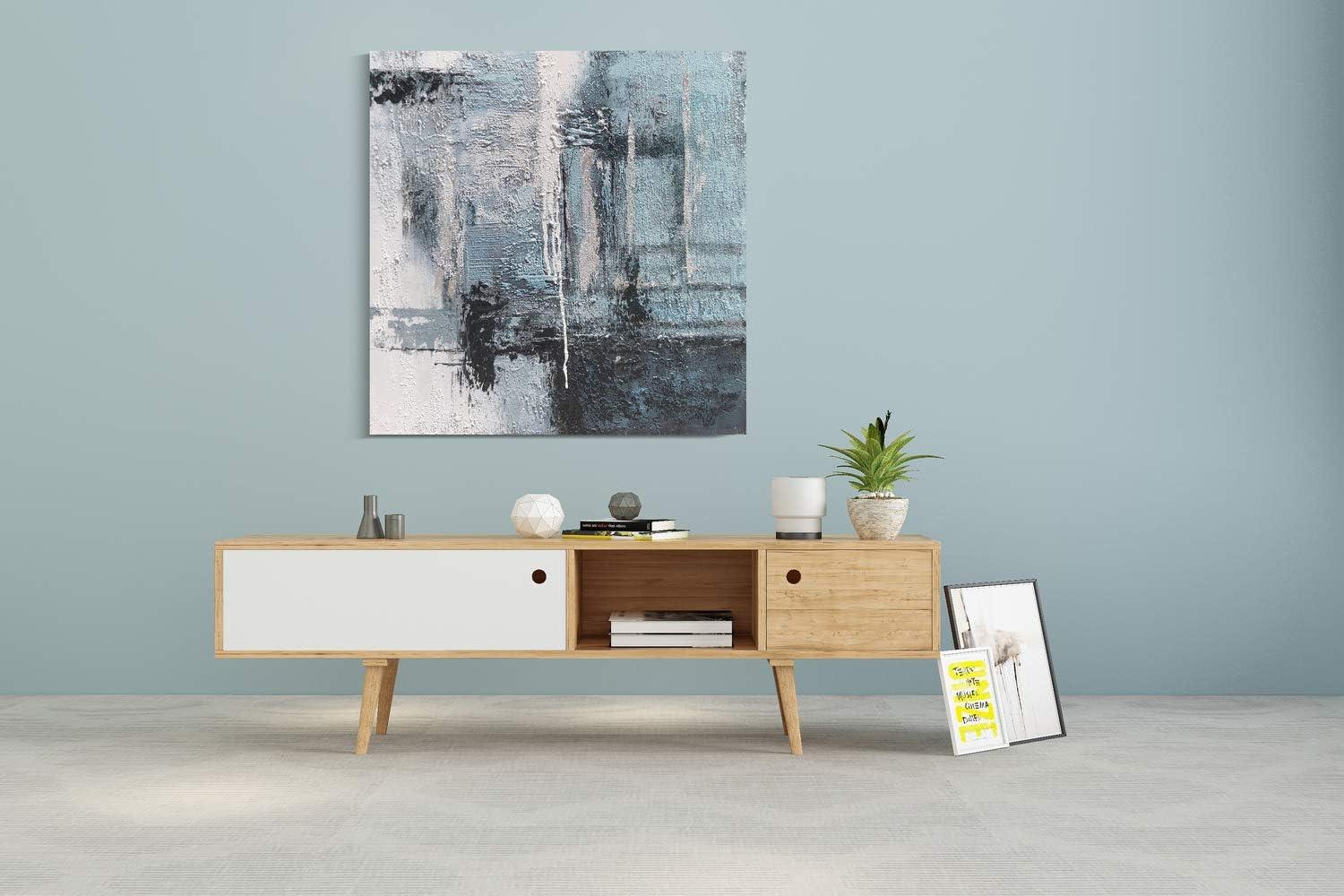 imageYihui Arts Contemporary Abstract Living Room Wall Art Hand Painted Modern Teal Color Canvas Painting Pictures for Bedroom Bathroom DecorSquare Arts