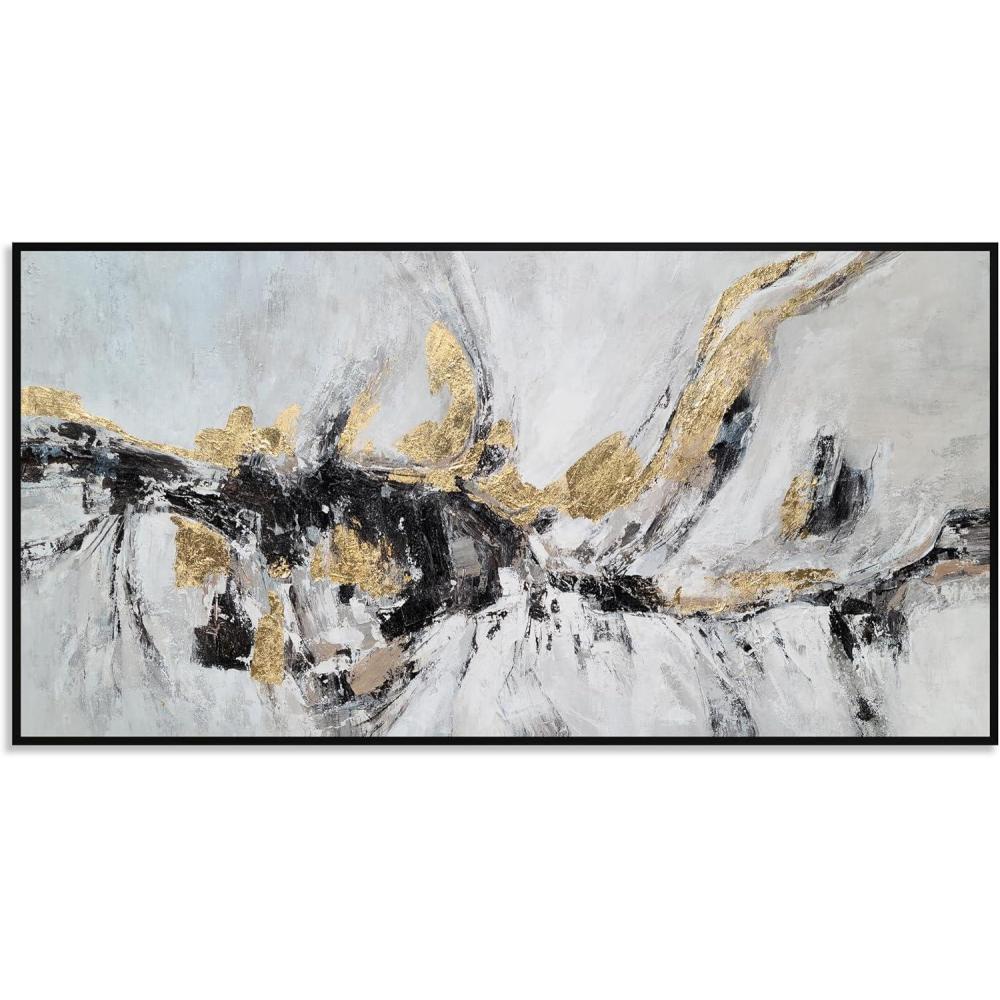 imageYihui Arts Contemporary Abstract Living Room Wall Art Hand Painted Modern Teal Color Canvas Painting Pictures for Bedroom Bathroom DecorBlack White Gold Art