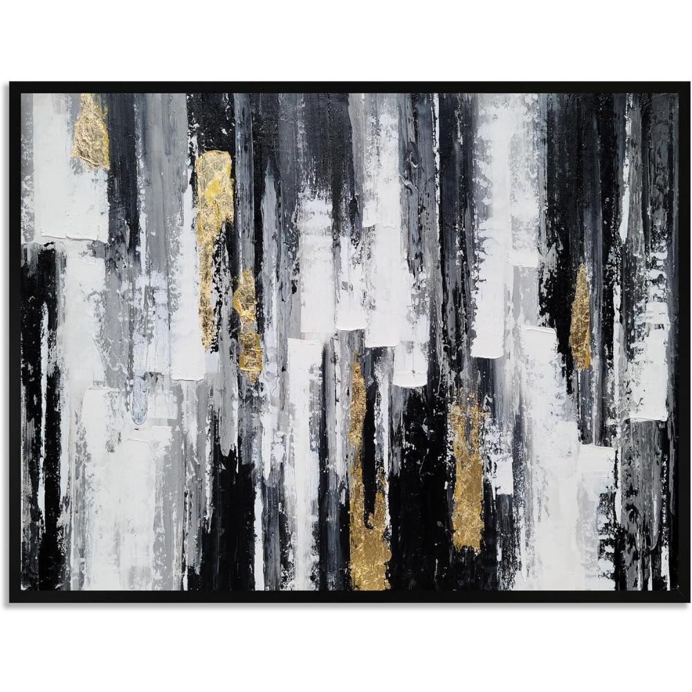 imageYihui Arts Contemporary Abstract Living Room Wall Art Hand Painted Modern Teal Color Canvas Painting Pictures for Bedroom Bathroom DecorFramed Black White Painting