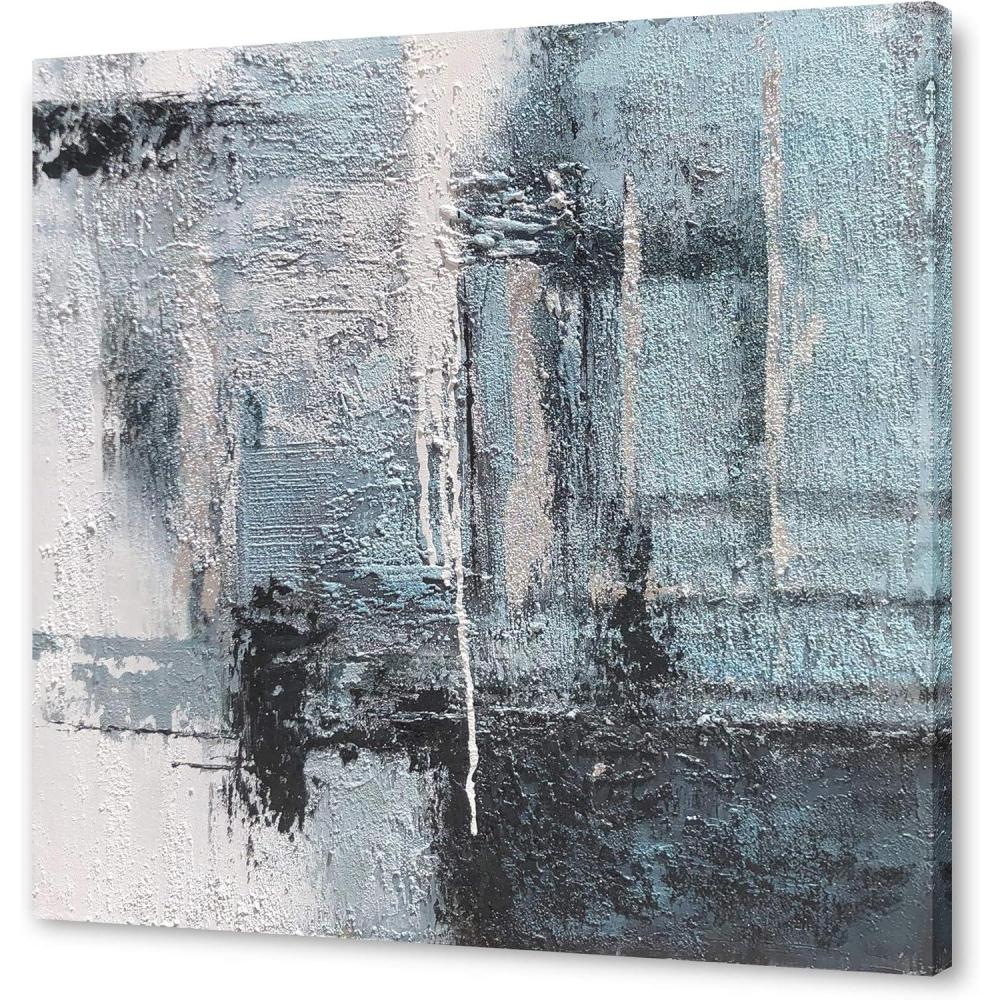 imageYihui Arts Contemporary Abstract Living Room Wall Art Hand Painted Modern Teal Color Canvas Painting Pictures for Bedroom Bathroom DecorSquare Arts
