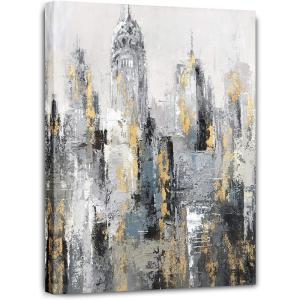 imageYihui Arts Modern Abstract Skyline Canvas Wall Artwork with Gold Foil Modern Oil Painting Pictures with Framed for Living Room Bedroom Bathroom DecorationGrey Skyline 1