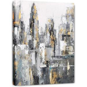 imageYihui Arts Modern Abstract Skyline Canvas Wall Artwork with Gold Foil Modern Oil Painting Pictures with Framed for Living Room Bedroom Bathroom DecorationGrey Skyline