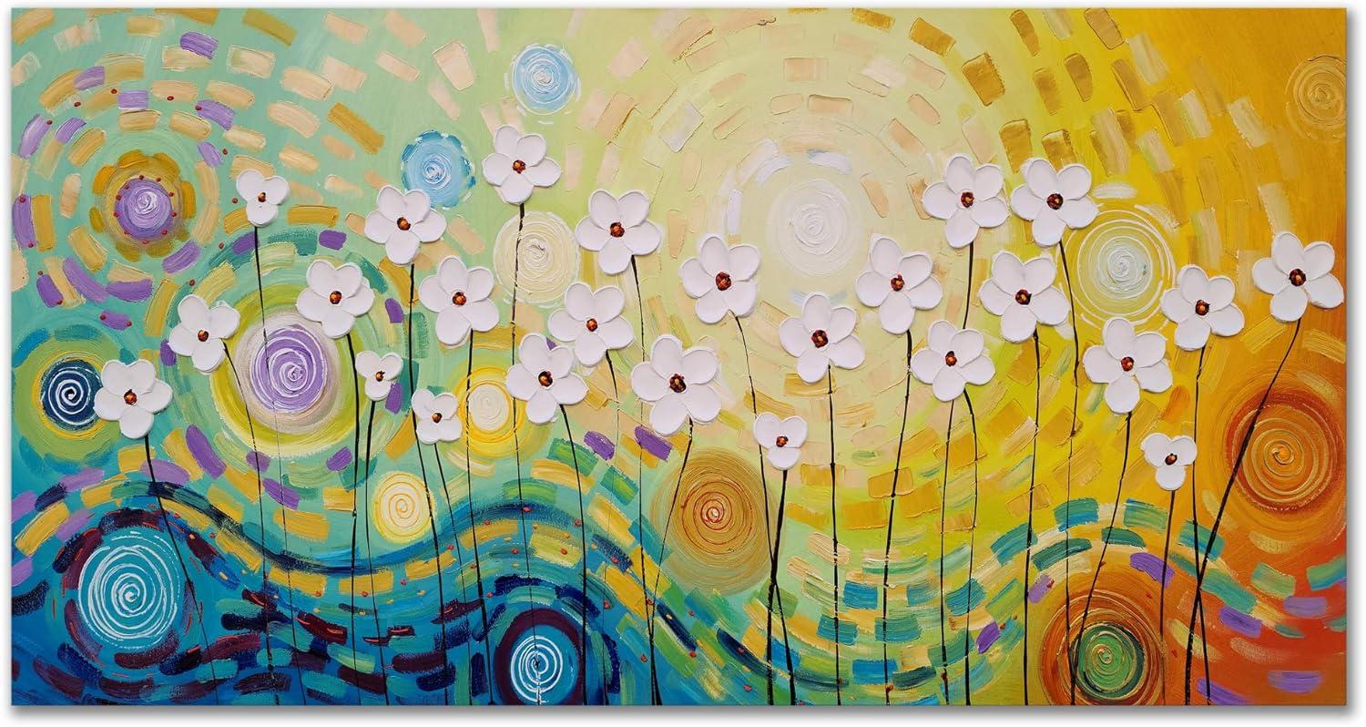 imageYihui Arts 3D White Flower Canvas Wall Art Hand Painted Grey Paintings Vertical Artwork for Living Room Bedroom Hallway DecorationColorful Flower