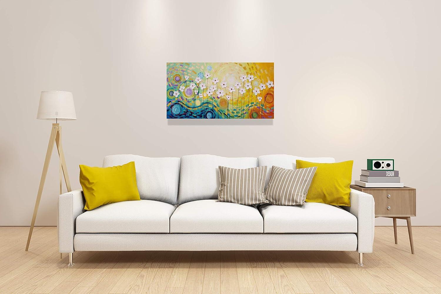 imageYihui Arts 3D White Flower Canvas Wall Art Hand Painted Grey Paintings Vertical Artwork for Living Room Bedroom Hallway DecorationColorful Flower