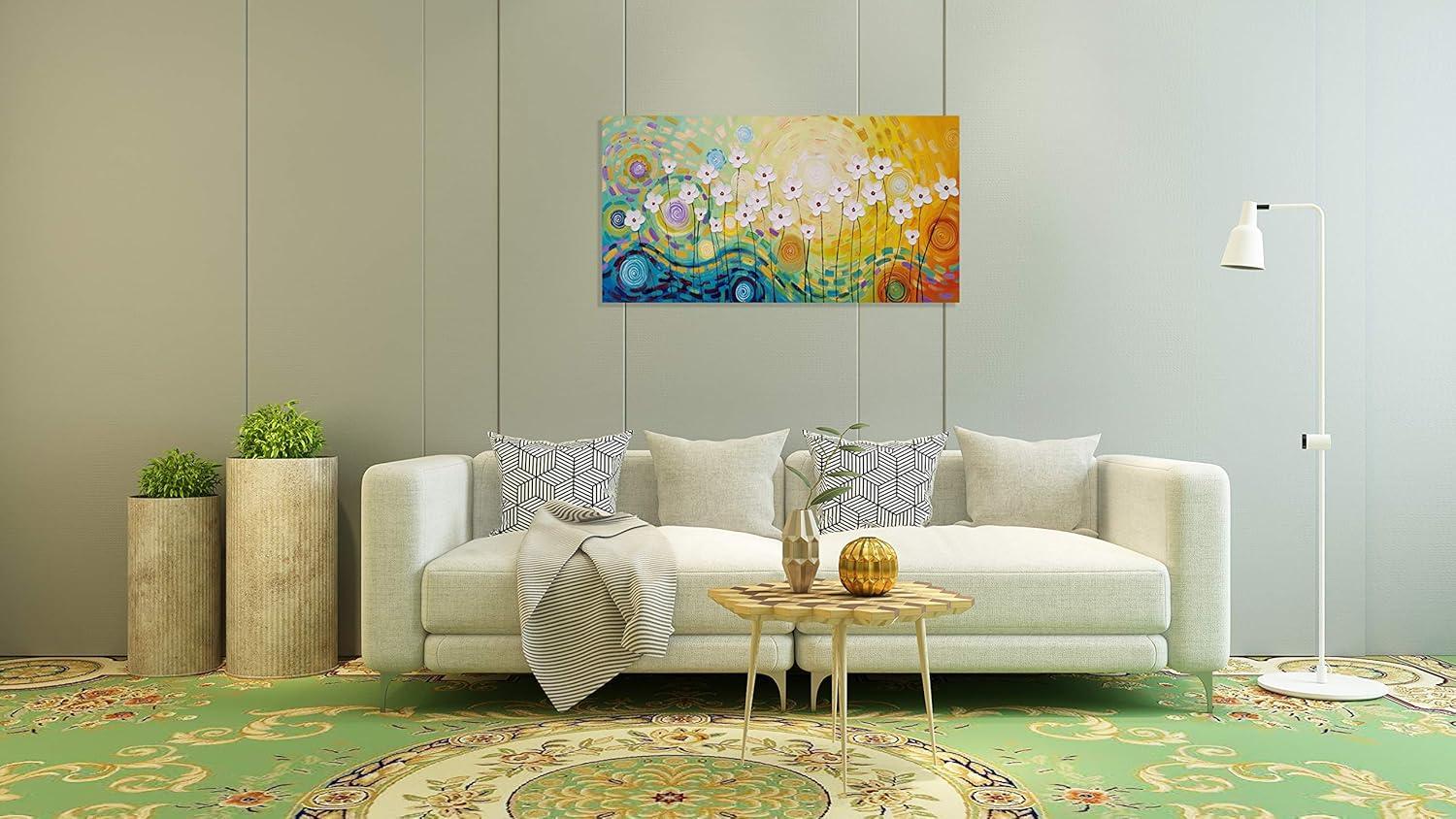 imageYihui Arts 3D White Flower Canvas Wall Art Hand Painted Grey Paintings Vertical Artwork for Living Room Bedroom Hallway DecorationColorful Flower