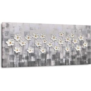 imageYihui Arts 3D White Flower Canvas Wall Art Hand Painted Grey Paintings Vertical Artwork for Living Room Bedroom Hallway DecorationFlower Garden