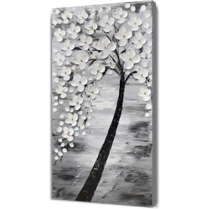 imageYihui Arts 3D White Flower Canvas Wall Art Hand Painted Grey Paintings Vertical Artwork for Living Room Bedroom Hallway DecorationGrey Flower