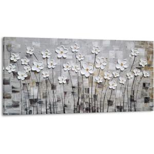 imageYihui Arts 3D White Flower Canvas Wall Art Hand Painted Grey Paintings Vertical Artwork for Living Room Bedroom Hallway DecorationWhite Floral