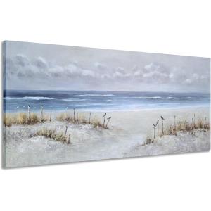 imageYihui Arts Beach Canvas Wall Art with Textured Beautiful Ocean Paintings Modern Abstract Coastal Artwork with Happy Bird Picturs for Living Room Bedroom Kitchen DecorBlue Beach