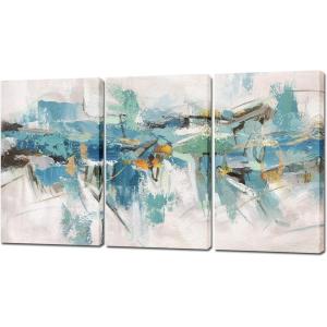 imageYihui Arts 3 Piece Abstract Canvas Wall Art with Textured Light Blue Teal Color Painting Pictures Set with Gold Foil Artwork for Living Room Bedroom Bathroom DecorMDYF986