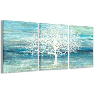 imageYihui Arts Modern Birch Tree Canvas Wall Art with Textured Black and White Forest Painting on Canvas Pictures for Living Room Bedroom Bathroom DecorationBlue Tree