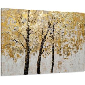 imageYihui Arts Modern Birch Tree Canvas Wall Art with Textured Black and White Forest Painting on Canvas Pictures for Living Room Bedroom Bathroom DecorationGold Foil Tree