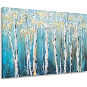 imageYihui Arts Modern Birch Tree Canvas Wall Art with Textured Black and White Forest Painting on Canvas Pictures for Living Room Bedroom Bathroom DecorationTeal Tree